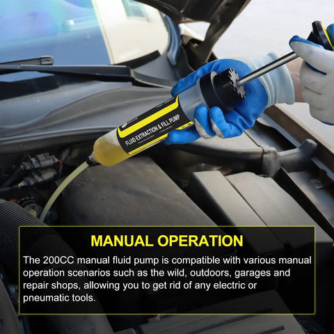 Knuckle Busting 200Cc Fluid Extractor And Fill Hand Pump Manual Oil Change Syringe in use under car hood, showing manual operation.