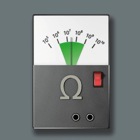 Front view of a resistance meter showing a scale ranging from 10^5 to 10^10 ohms with green and black markings. Grey casing, red switch.