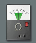 Digital ohmmeter with green scale, omega symbol, and red switch on grey background, displaying electrical resistance measurement.