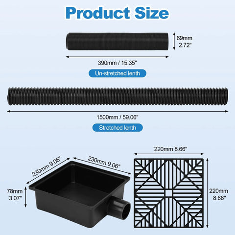 Product size of 2.5 Inch Gutter Downspout Extension Kit, Flexible No Dig Buried Drain Pipe, showing dimensions and components.