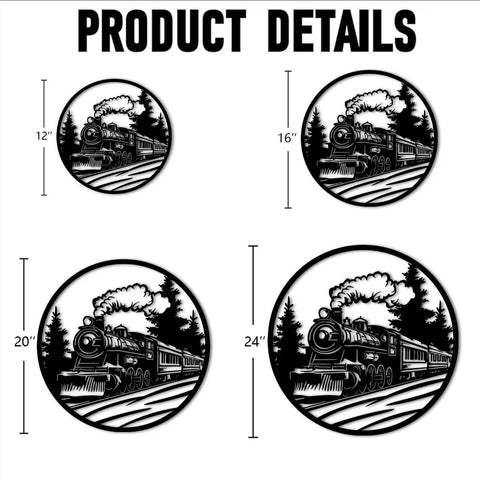Boss Steam Locomotive Metal Wall Art Decor For Indoor Or Outdoor Spaces Rustic Farmhouse Black Finish 20 Inch Wall Sculpture Perfect For Office Or Living Room Durable Iron Construction showing four size options from 12 to 24 inches with train design.