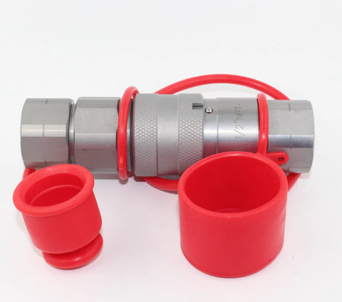 1/2 in NPT flat-face hydraulic quick-connect coupling with two red protective caps, metal body.