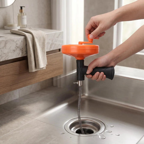 Heavy Duty Manual Drain Snake Auger For Home Plumbing Quick Clog Remover With Ergonomic Grip aluminum alloy tool in sink.