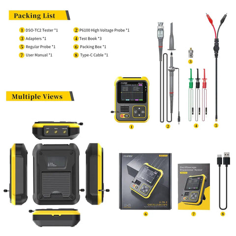 2 In 1 Handheld Digital Oscilloscope And LCR Transistor Tester Kit With PWM Signal Generator, multiple views with accessories