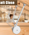 Soft Close Toy Box Hinges Set With Lid Support for Wooden Toy Chests, background shows a child in a playroom with soft lighting.