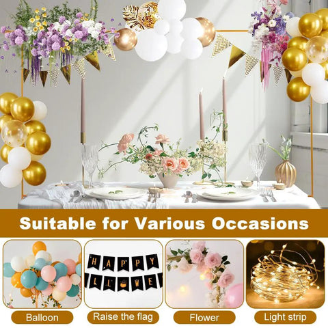 Badass Heavy Duty Over The Table Rod Stand For Balloons And Props With Secure Grip Clamps Adjustable 30 To 47 Inches High And 34 To 98 Inches Long Metallic Gold Arch Bar displayed with balloons and flowers for a festive event.