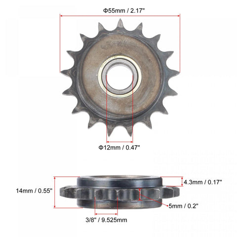Top Tier Chain Idler Sprocket Tensioner Roller 17 Teeth 3/8 Inch Pitch With 6001Z Precision Bearing 12mm Bore close up view