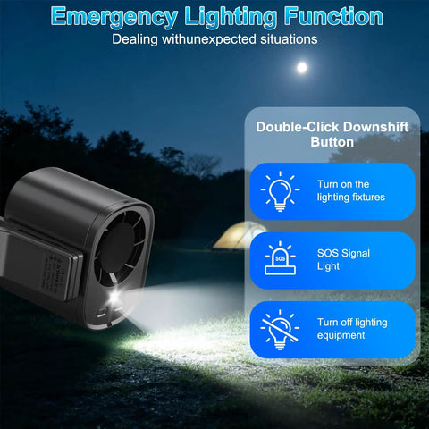 Car Clip On Fan With LED Display showing emergency lighting function in outdoor nighttime setting, highlighting buttons.