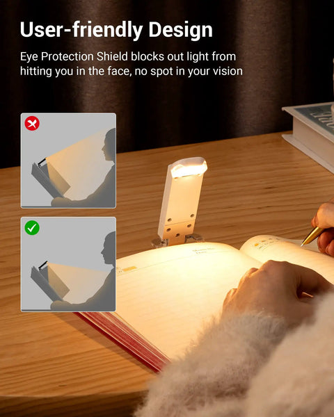 USB Rechargeable Book Reading Light With 3000K Warm White illuminating a notebook with clip-on and eye protection design features.