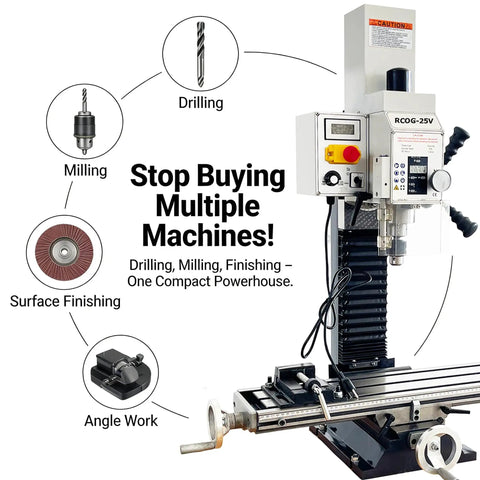 Built Tough Workhorse Benchtop Mini Milling Drilling Machine Featuring Brushless Motor with tools for drilling and milling.