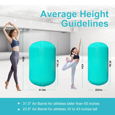 Inflatable Gymnastics Barrel For Home Practice Back Handspring And Backbend Trainer Mat, Safe Tumbling Equipment For Girls, Cheerleading Training Aid With Ergonomic Curve, 23.6 Inch Diameter, Includes Manual Air Pump shown with height guidelines and athletes