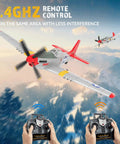 Four Channel RC Plane P51 Mustang Ready To Fly With X Pilot Stabilization flying with remote controls visible