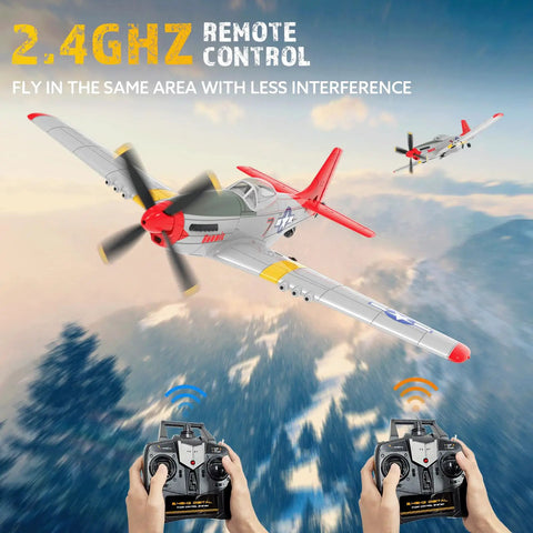 Four Channel RC Plane P51 Mustang Ready To Fly With X Pilot Stabilization flying with remote controls visible