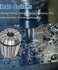 12Pcs ER40 Collets Set With Common Size Range From 1/8 To 1-1/8 Inch For Boring Milling Drilling Tapping Engraving And CNC Spindle Machines Pro Grade Quality Shop Ready 0.0003 Inch Tolerance 5um 100 Percent Tested shown with CNC machine in action