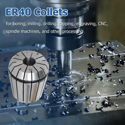 12Pcs ER40 Collets Set With Common Size Range From 1/8 To 1-1/8 Inch For Boring Milling Drilling Tapping Engraving And CNC Spindle Machines Pro Grade Quality Shop Ready 0.0003 Inch Tolerance 5um 100 Percent Tested shown with CNC machine in action