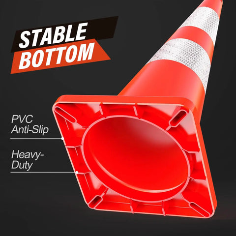 Underside view of 6 Pack 28 Inch Traffic Cones With Reflective Collar For Parking Lots And Driving Training Durable PVC Heavy Duty Safety Cones With Handles Highly Visible Day And Night showing stable bottom and anti-slip PVC material.