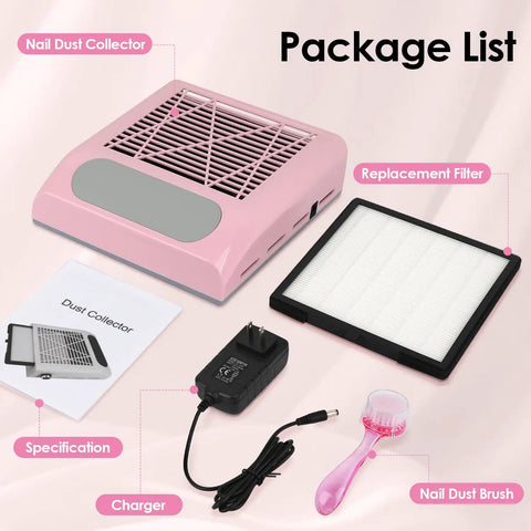 Package of Pro Grade Nail Dust Collector For Acrylic Nails Vacuum Machine 4500RPM Adjustable with filter, charger, and brush.