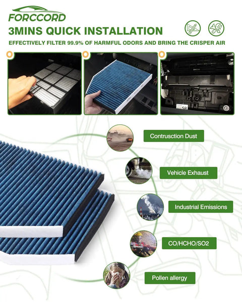 Audi A4 Cabin And Engine Air Filter Top-Notch Combo With Activated Carbon, demonstrating filter installation and benefits, CF11179 CA10522