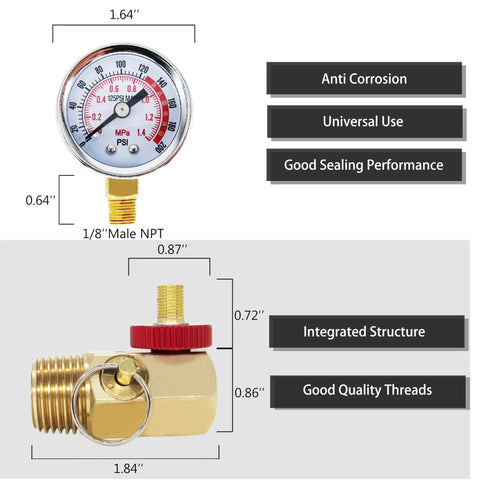 Heavy-Duty Air Tank Valve Kit Featuring Rock-Solid Aluminum Gauge And Durable Brass Manifold alongside four foot PVC hose assembly with gauge and valve.