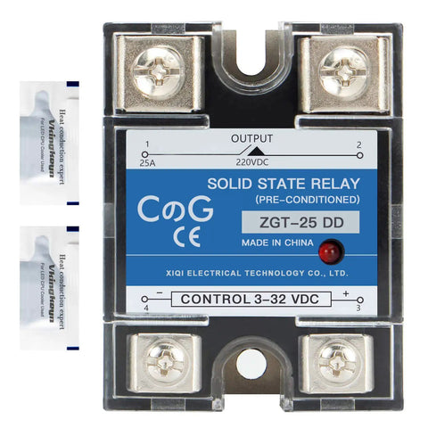 Solid State Relay SSR-25DD 25A DC To DC Control, 3-32VDC Input To 5-240VDC Output, front view with thermal grease packets