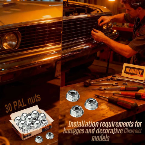 Solid Galvanized Pal Nuts For Gm Chevrolet Emblem And Trim Hardware With Three Eighths Inch Hex Flange, 30 PAL nuts shown during installation.