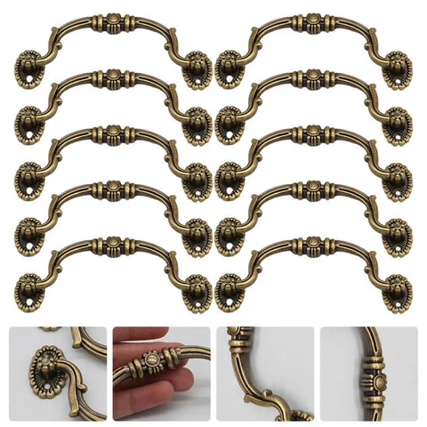 European Style Drawer Handles Set Of 10 No Drill Cupboard Pull Knobs for Cabinets in antique finish, closeup views and hand size reference.