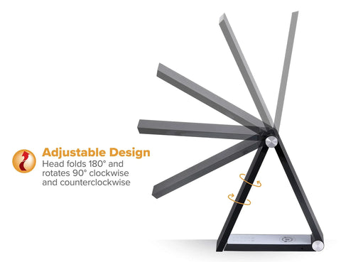 Dimmable Black Desk Lamp With Wireless Charging Pad And Dual USB Ports, showing swivel and tilt angles, triangle shape design.