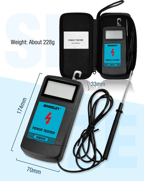 Electric Fence Voltage Tester And Fault Finder With Digital Display 0.3 kV To 9.9 kV Range 57 Inch Wire Lead Auto On Off Power Saving Design Blue EM555 with case