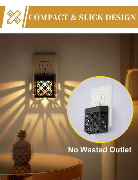 Two Pack Plug In Night Lights With Dusk To Dawn Sensor on wall, soft white glow, space saving design, decorative pattern