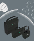 Waterproof and shockproof cases with multiple sizes and durable handles against water droplets and impact symbols