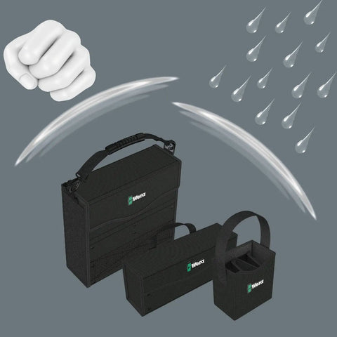 Waterproof and shockproof cases with multiple sizes and durable handles against water droplets and impact symbols