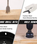Close-up of spade drill bits and hole saws from All In One 246 Piece Drill Bit And Screwdriver Bits Set for wood and metal