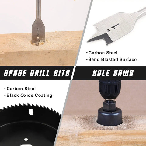 Close-up of spade drill bits and hole saws from All In One 246 Piece Drill Bit And Screwdriver Bits Set for wood and metal