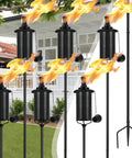 Outdoor Metal Torch Set Of Six, 16 Oz Citronella Torches With 59 Inch Adjustable Height, Grounded 3 Prong Stakes
