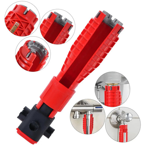 All In One Faucet And Sink Wrench Tool For Plumbing Installations, 25 In 1 Multifunctional Kit showing tool close-up and uses