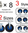 Heavy Duty Swivel Caster Wheels With Brakes For Workbenches And Carts, Quiet Rubber Rollers For Smooth Moves, Ball Bearing Swivel Design, High Load Per Caster, Ideal For Garage Or Workshop, Furniture Or Equipment, 4 Pack. Image showing 8 screws, 3 caster styles, 2 sizes.