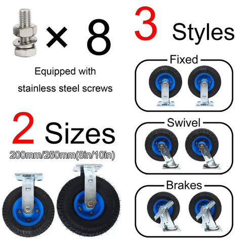 Heavy Duty Swivel Caster Wheels With Brakes For Workbenches And Carts, Quiet Rubber Rollers For Smooth Moves, Ball Bearing Swivel Design, High Load Per Caster, Ideal For Garage Or Workshop, Furniture Or Equipment, 4 Pack. Image showing 8 screws, 3 caster styles, 2 sizes.