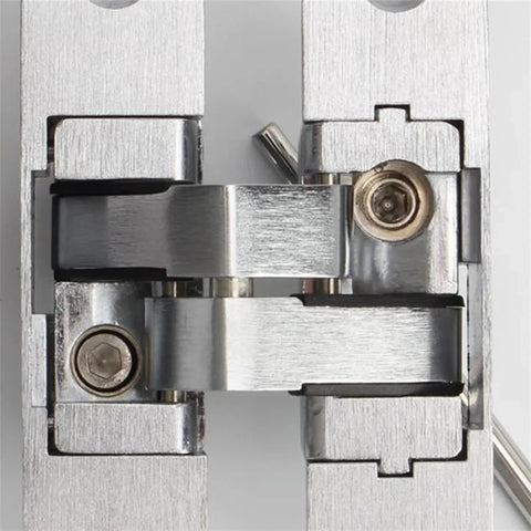 Close-up of Two Pack 180 Degree Concealed Cross Door Hinges Zinc Alloy Invisible Hinge Set For Gate Door Cabinet Hardware