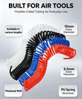 Premium Heavy Duty Shop Grade Self Retracting PU Coiled Air Hose For Air Compressors featuring flexible coiled tubing in various colors.