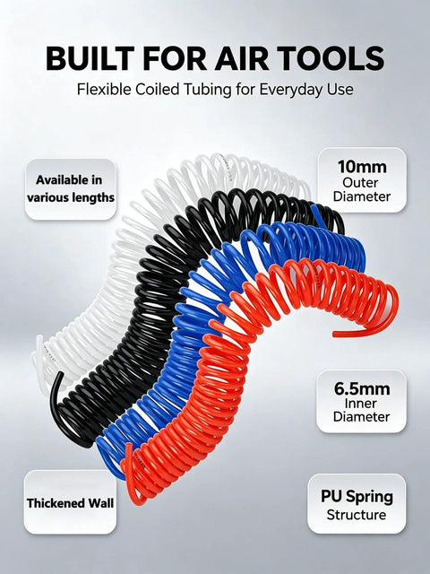 Premium Heavy Duty Shop Grade Self Retracting PU Coiled Air Hose For Air Compressors featuring flexible coiled tubing in various colors.