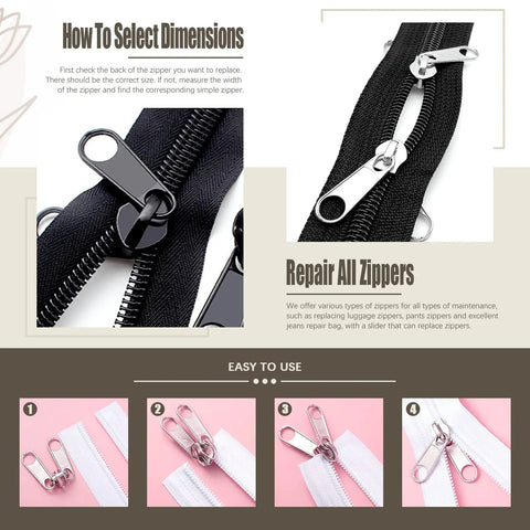 250 Piece Zipper Replacement Kit With Sliders Pulls And Stops For Luggage Coats Jeans Jackets And Tents Includes Silver Black And Brass Sliders Top And Bottom Stops For Quick DIY Zipper Fixes shown in use on zippers with instructional guide.