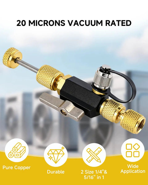 All-In-One 1/4 and 5/16 Inch Dual Valve Core Removal Tool Kit with Mega Flow 20 Micron Vacuum Rated Core Remover close-up