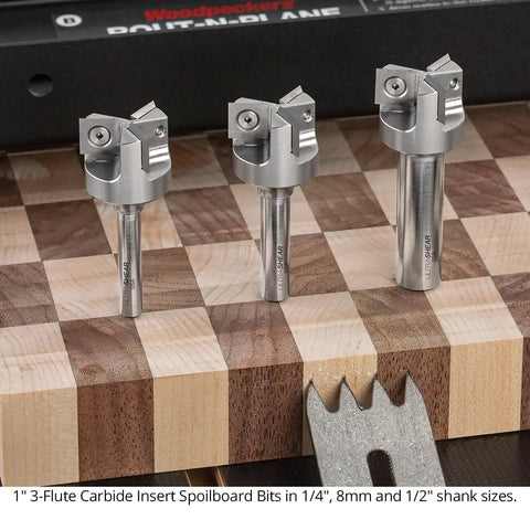 Spoilboard Surfacing Router Bit For Pros With One Inch Cutting Diameter And One Quarter Inch Shank, Three Flute Carbide Insert CNC Bit For Slab Flattening Planing Milling Replaceable Rotating Inserts Made In USA