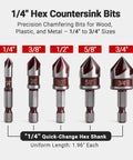 Heavy Duty 5 Piece Countersink Drill Bit Set Featuring 82 Degree HSS Steel And Quick Change Hex Shank For Wood Metal Plastic, showcasing sizes from 1/4" to 3/4".