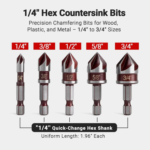 Heavy Duty 5 Piece Countersink Drill Bit Set Featuring 82 Degree HSS Steel And Quick Change Hex Shank For Wood Metal Plastic, showcasing sizes from 1/4" to 3/4".
