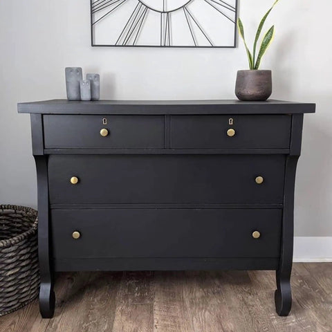Black dresser refinished with All In One Refinishing Paint For Furniture Cabinets And More Gallon Licorice No Stripping No Sanding No Priming Needed Quick Application And Rich Durable Finish For Dyi Makeovers in a room.
