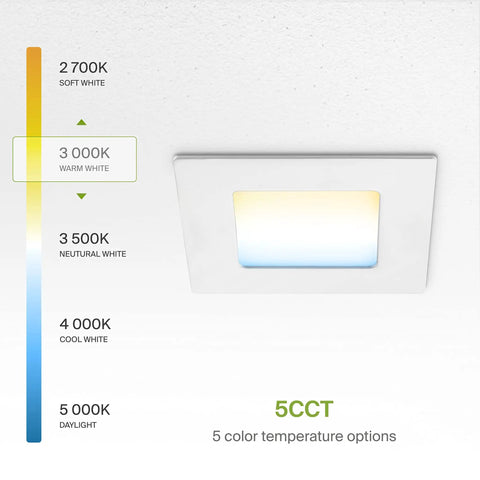 Six Pack 4 Inch Square LED Recessed Lights With 5 CCT 2700K To 5000K 12W 50W Equiv Ultra Slim Dimmable Canless Wafer Ceiling Downlights