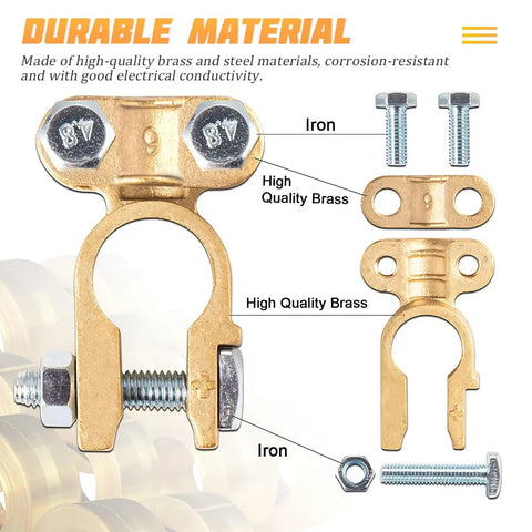 Brass Battery Terminal Clamps Set Top Post Connectors Protectors, Positive And Negative 1 Pair, No Fuss Easy Install