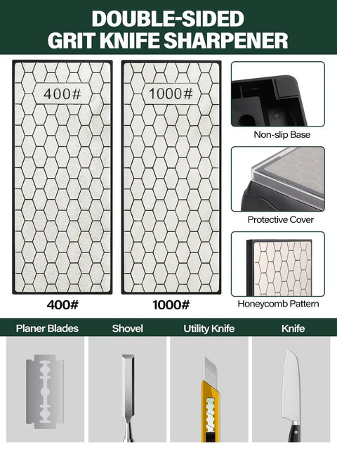 Double-Sided Chisel Sharpening Kit With Diamond Stones, 400/1000 Grit plates shown with non-slip base and protective cover