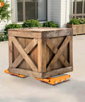 Heavy Duty Machine Dolly With 9 Rotating Skates For Industrial Machinery Moving Featuring Non Slip Belt And Alloy Steel Plate Base to transport a wooden crate.